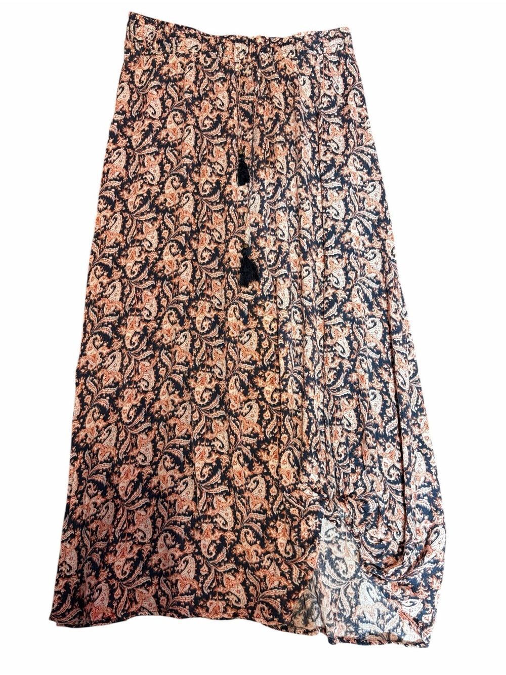 Westport Navy Cream Paisley Maxi Skirt Tassel Drawstring Boho Medium